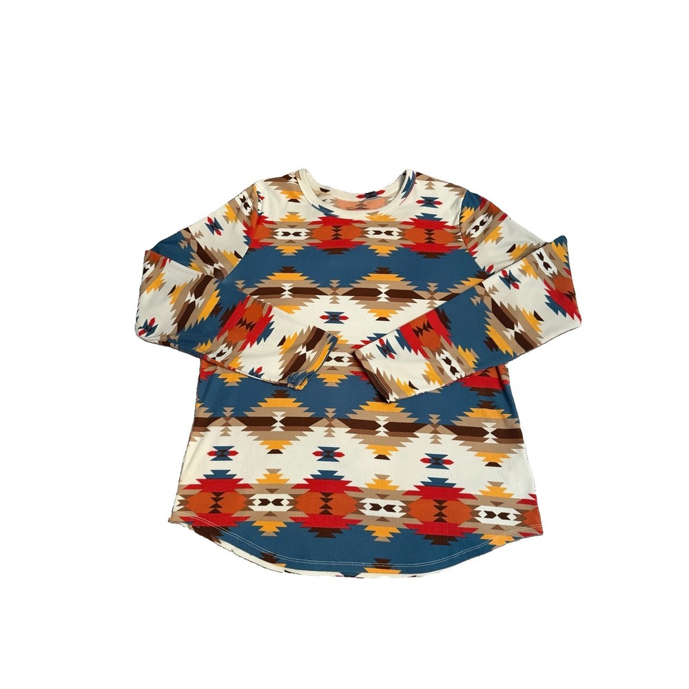 Aztec Waffle Knit Thermal Top Womens XL Southwestern Tribal Western Boho Layer
